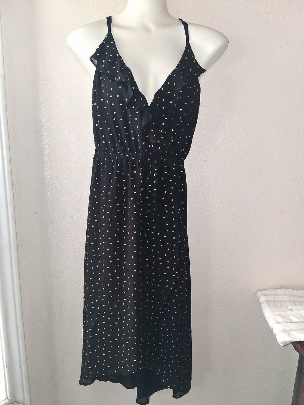 Black And GoldPolka Dot Ruffle High-Low Dress Sz S Coquette Baddie